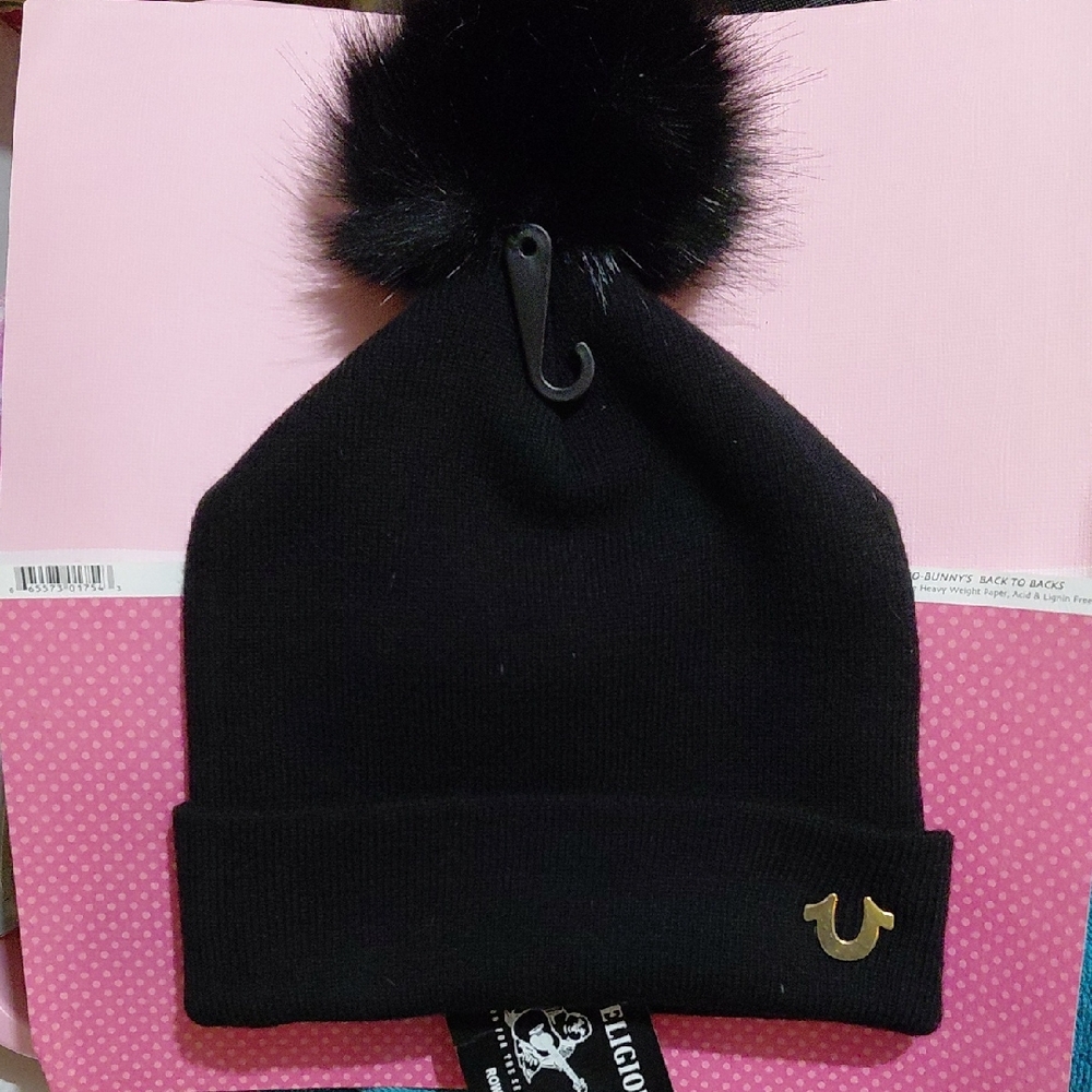 True Religion Black Beanie with Gold Logo